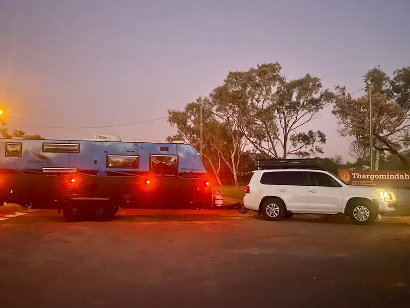 Network RV caravan hitched to Grant's LandCruiser